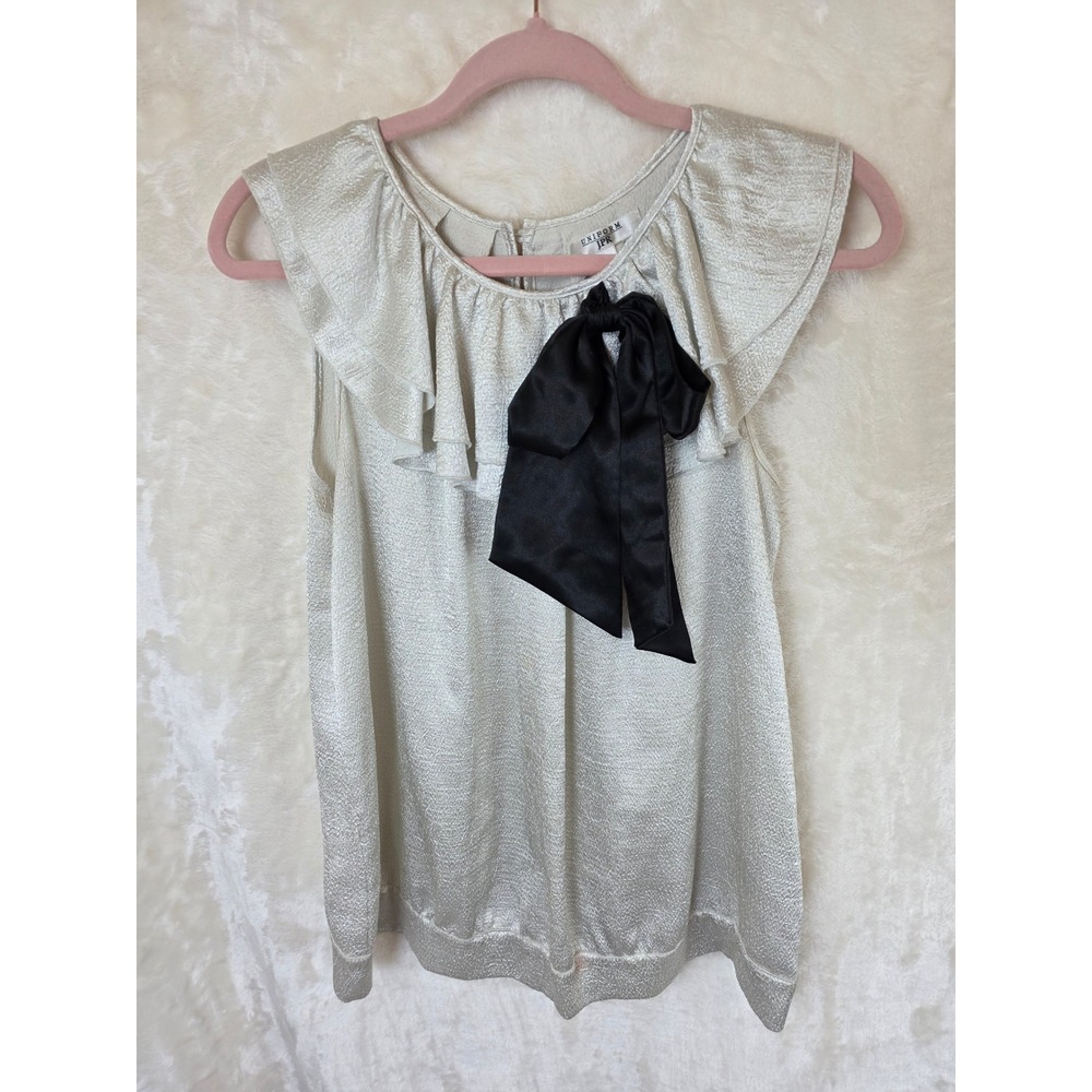 Uniform‎ JPR Champagne Silver Metallic Ruffle Bow Blouse Womens Large